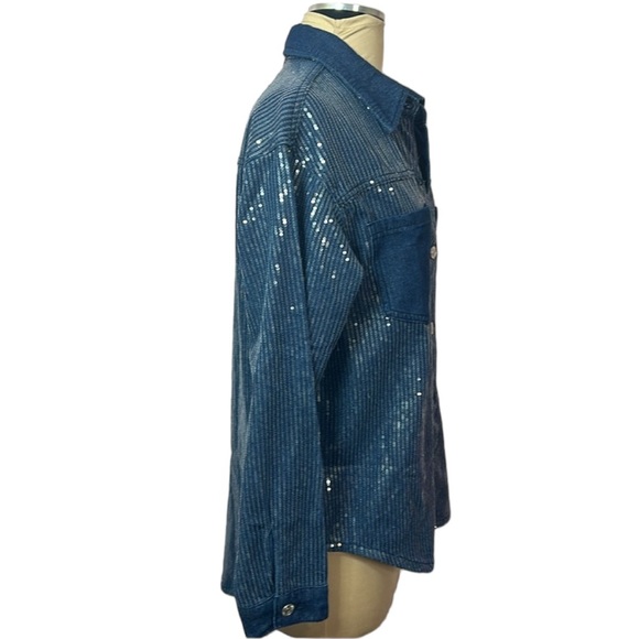 L | C Collection Blue Denim Long Sleeve Sequence Shirt - Picture 3 of 6